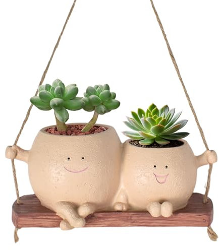 Maceta para plantas con cara oscilante, doble maceta para plantas con cara sonriente, maceta con silla mecedora oscilante, maceta de resina para casa, oficina, balcón y jardín