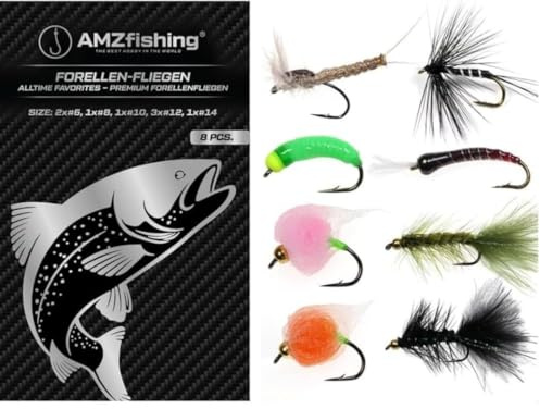 NEU AMZfishing® 8 Stück bekannte Forellenfliegen handgebunden | Fliegen Forelle | Fliegenfischen | Fliegenangeln Forelle | Fliegen Forellensee | Forellenköder | Forellensee Köder (a: Set aus 8 Stück)