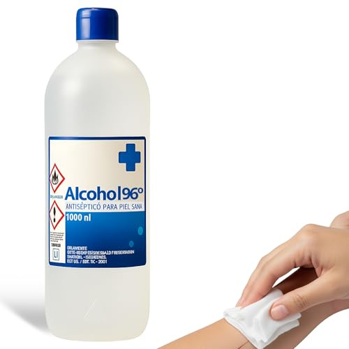 Alcohol 96º, Etanol 96, Alcohol etílico desinfectante manos antiséptico, Ethyl alcohol ethanol, Alcohol sanitario para heridas, Alcohol farmacia, Tapón seguridad, Concentración 96º, Contiene 1000 ml