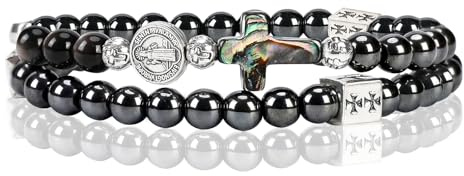 SHIEAGLELD Rosary Bracelet, Obsidian Bracelet for Men, Catholic Bracelets with Cross, Spiritual Gift for First Communion, Baptism, Confirmation and Mass, Black With St. Benedict Medal