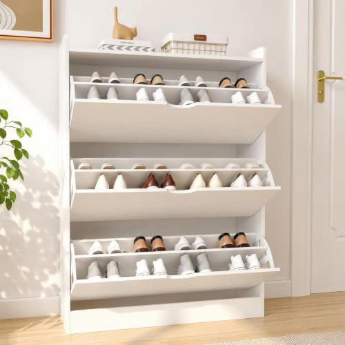 Shoe Cabinet with Flip-Down Drawers, Large Wooden Shoe Storage Organizer
