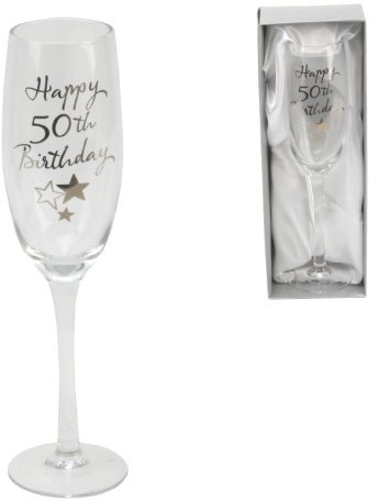 Personalizable con texto en inglés Happy 50th con texto en inglés y copa alta de champán en caja regalo G31950 - personalizable para