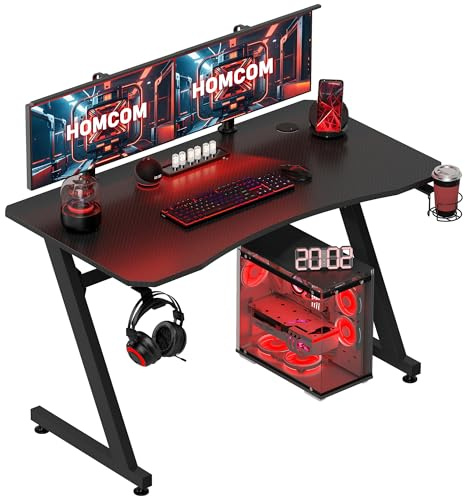 HOMCOM Gaming Desk 120 x 65 cm Steel Frame with Cup Holder, Headphone Hook, Adjustable Feet and Cable Organiser, Home Office Computer Table, Black