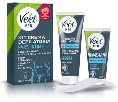 Veet Men Kit Depilazione Intima per Pelli Sensibili, Crema Depilatoria Uomo Parti Intime, Dermatologicamente Testata, Efficace Dopo 5 minuti, Crema Depilatoria 100 ml e Balsamo Post Depilazione 50 ml