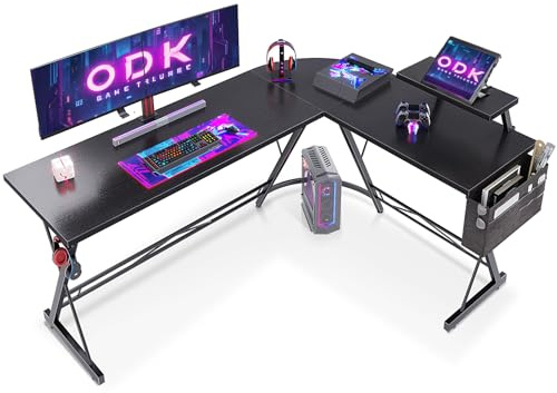 ODK Gamingbord, hörnskrivbord för spelare, skrivbord L-form med monitorstativ för kontor (Svart, 167 x 120 cm)