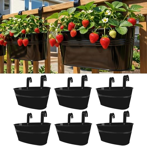 LaLaGreen Outdoor Rail Planter (11.8 Inch, 6 Pack) Black Metal Iron Hanging Flower Pots Deck Railings Fence Buckets Outside Countryside Boho Style Wall Mount Window Box Plant Holder Hook Porch Decor