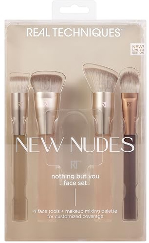 Real Techniques New Nudes Nothing But You Face Kit, Makeup Brushes For Blush, Contour, Concealer, & Foundation, Includes Makeup Mixing Palette, Custom Makeup, 5 Piece Set