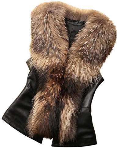 Gilet pour femme hiver en fausse fourrure - Veste sans manches en fourrure - Manteau mode en PU cuir - Fausse fourrure avec col en V - Veste en fausse fourrure avec col en fourrure - Outwear automne