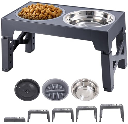 comedero elevado para perro, 5 alturas ajustables, cuencos de acero inoxidable, antivoracidad, para perro mediano y grande