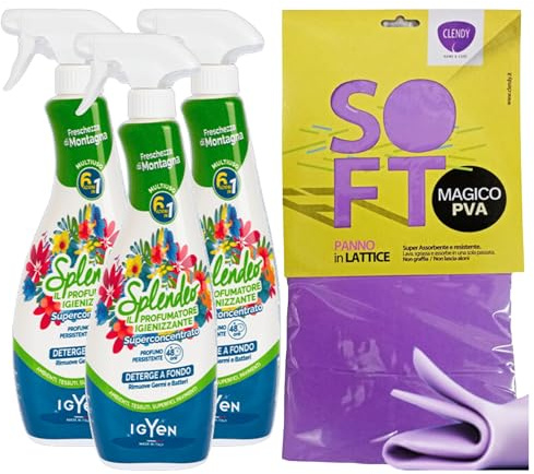 SET PULIZIA: 3x Detergente Multiuso Spray, Il Profumatore Igienizzante Superconcentrato, FRESCHEZZA DI MONTAGNA, Rimuove Germi e Batteri, 48h Di Pulito Profumato 750ml + Panno In Lattice SOFT 30x30