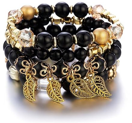 Jovono Boho Pärlband stapelbara armband kedja lager elastiska blad handkedjor vintage pärlor armband set för kvinnor (4 st), En storlek, Plast, Ingen ädelsten
