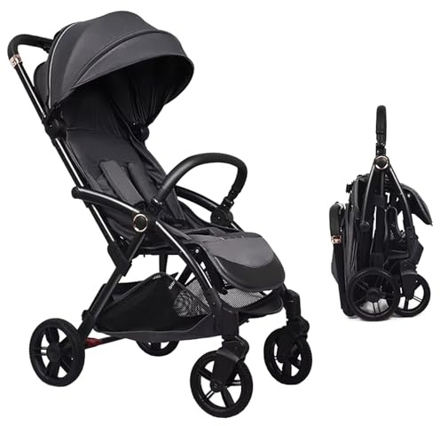 Babibot Compact Baby Stroller for Toddlers Up to 4 Years with One-Hand fold Pushchair, Reclining Seat, Double Brake, 5-Point Harness, PU Wheels, Adjustable Canopy, Cup Holder and Rain Cover, Black