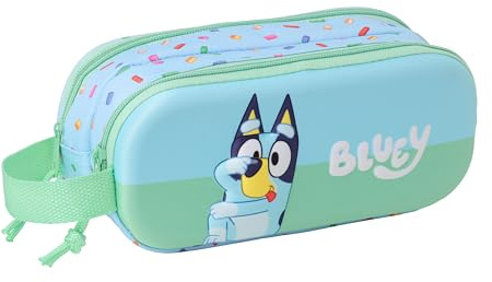 SAFTA BLUEY 3D - Portatodo Doble 3D, Estuche Infantil, Estuche Niño, Ideal para Niños en Edad Escolar, Cómodo y Versátil, Calidad y Resistencia, 21x6x8 cm