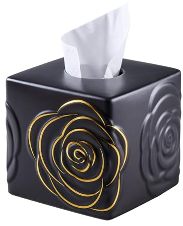 Black Ceramic Cube Tissue Box Cover with Gold Rose – Large Elegant Rose Floral Square Decorative Tissue Box Holder for Bathroom, Bedroom, Office Desk, Kitchen Counter – Perfect Housewarming Gift