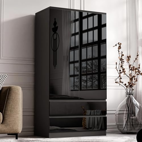 Blisswood 2 Door Wardrobe with 2 Drawers & Hanging Rail – High Gloss Black Wooden Wardrobe | Modern Double Clothes Storage Cupboard Unit for Bedroom Furniture