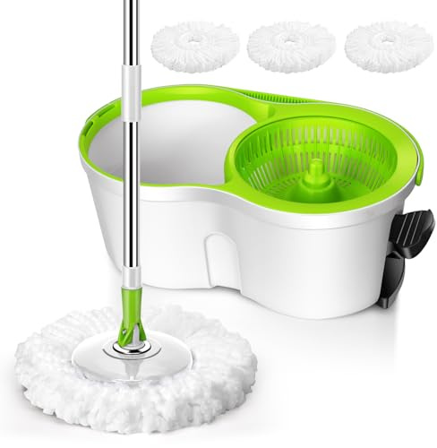 Eukue Juego de Fregona con Cubo, 2 en 1 Cubo de Limpieza con Mop, Fregona Mopa para Suelos Giratoria con Pedal, Mopas de Limpieza Suelos con Mango de Acero Inoxidable Ajustable, Blanco y Verde