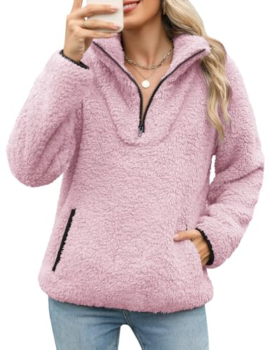 RITOSTA Women's Fleece Jumpers Half Zip Sweatshirt Stand Collar Hoodies Fuzzy Coat Long Sleeve Casual Winter Tops Warm Pullover Teddy Fleece Jacket Zipper Outwear Sweater with Pockets(Light Purple,L)