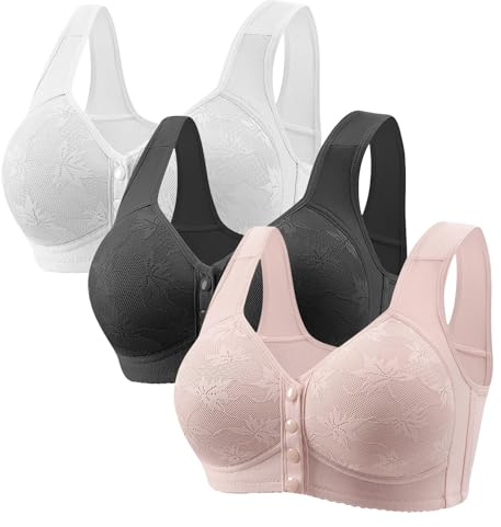 Cocila Front Fastening Bras for Women UK 3 Pieces Women's Bras Plus Size Wireless Bra High Impact Push Up Comfort Bralette Seamless Breathable Multipack Full Support Lace Bra Red 5XL