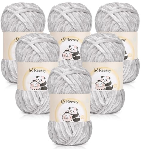Reessy Chenille Yarn 600g, Soft Chunky Wool for Knitting&Crochet-Light Grey | Velvet Chenille Wool for knitting 100g balls, Chunky Crochet Yarn for Crochet Blanket, Amigurumi, Handbag, Hat, DIY Crafts