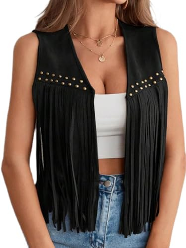 Women Fringe Vest 70s Hippie Sleeveless Faux Suede Rivets Tassel Waistcoat | Cowgirl Western Vest Cardigan, Retro Open Front Cowboy Jacket, Country and Western Clothing for Women Layering Outerwear