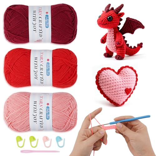 JelyArt, filato per lavorare a maglia a mano, 3 x 50 g, filato per uncinetto, lana per uncinetto, filato per lavorare a maglia (rosso)