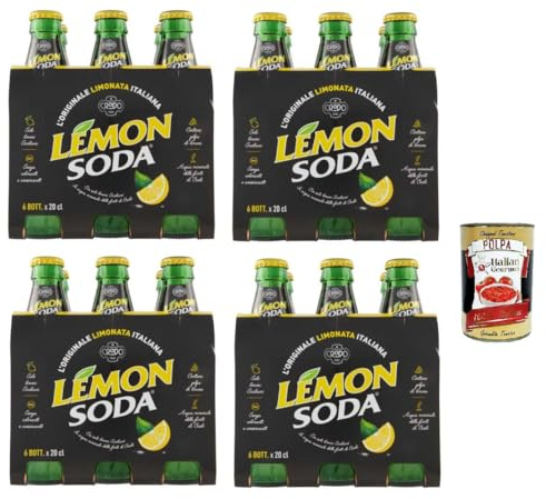 Lemon Soda - Limonade italienne originale pétillante et rafraîchissante - Avec jus de citron - 24 bouteilles en verre x 200 ml - Sans colorant - Savourez au frais - D'Italie + Italian Gourmet polpa