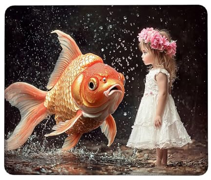 Gaming Mouse Mat, Mouse Pad 240x200x3mm, Non-Slip Rubber Base, Waterproof Surface, Stitched Edges, Compatible with Laser and Optical Mice, Wear-Resistant, Improves Speed Accuracy, Goldfish girl, B-457