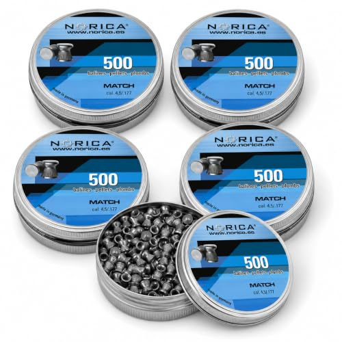 Arapaima Beitia Förpackning med 2 500 kulor | 500 burkar på 500 Norica Match 4,5 mm (.177) | Plattkoppsdiaboler, pellets för komprimerad luft utan pulver, 5 x gängade metallburkar