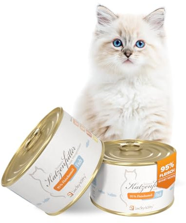 Lucky-Kitty Katzenfutter Nass, 95% ganzer Hering I Katzenfutter ohne Getreide & Zucker, Lebensmittelqualität I Nassfutter für Katzen & Kitten I Hering aus der Nordsee I Made in Germany 4x200g