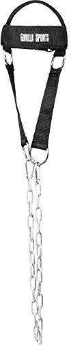 GORILLA SPORTS® Allenatore per Testa e Collo - Imbottito, Catena in Acciaio 95cm, Regolabile, Nylon, Nero - Imbracatura per la Testa, Cintura Pesi, Catena di Allenamento, Sollevamento, Neck Harness