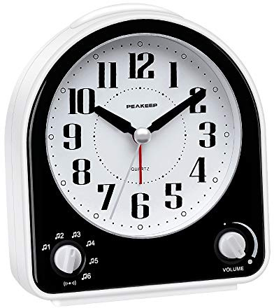 Peakeep Analog Alarm Clock Non-Ticking Silent, Optional 7 Wake-up Sounds with Volume Control, Nightlight and Snooze, AA Battery Operated (Black)