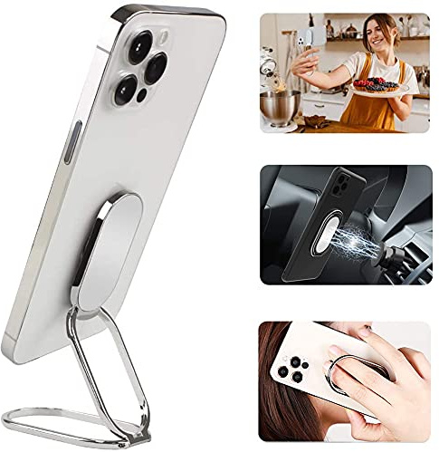 Cell Phone Ring Holder Finger Kickstand, CLZWiiN Foldable 360° Rotation Cellphone Stand for Desk, Office Desktop, Magnetic Car Mount, Metal Multi-Angle for Phone Back Grip (Silver)
