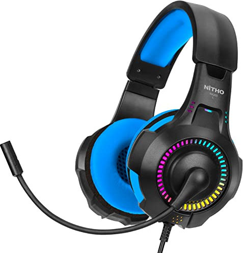 NITHO NX200 Casque Gaming Filaire Over-Ear – Microphone Rabattable, Son Stéréo, Effet RGB – Jack 3.5 mm – PC/PS4/PS5/Xbox/Mobile/Tablette – Bleu