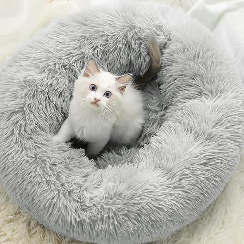 FISTAD 50cm Ultra Soft Short Plush Pet Bed - Winter Warmth Cat and Dog Nest Non slip Circular Pad Small Dog and Cat Universal (Light Grey)