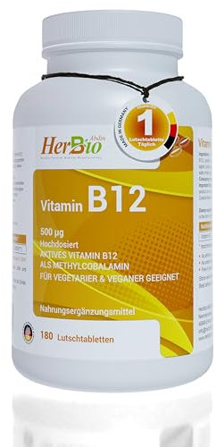 Vitamin B12 hochdosiert - 180 Vegane Lutschtabletten mit 500 µg aktivem Methylcobalamin B12 – Frei von Zusatzstoffen - 6 Monatsvorrat - Laborgeprüft - in Deutschland hergestellt.