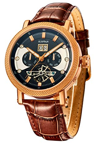 SURVAN WatchDesigner Montre Automatique pour Homme Verre Saphir avec mécanisme Squelette 20K plaqué Or Bracelet en Cuir