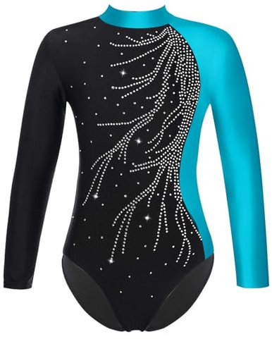 Freebily Kinder Mädchen Gymnastikanzug Glitzer Langarm Ballett Tanz Trikot Leotard Sportbody mit Kunstdiamanten Training Ballettbekleidung A_Blau 170-176