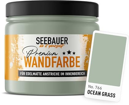 SEEBAUER diy Wandfarbe Grün 300ML für Innen (No. 766 Ocean Grass) Edelmatte Innenfarbe Salbei Grün - Grüntöne sehr hohe Deckkraft - Matt, Abwaschbar und Tropffrei