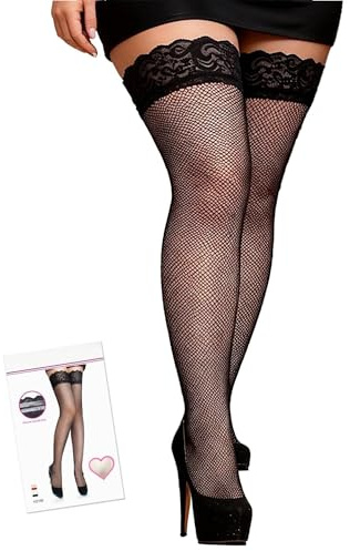 comeondear Bas Autofixants Femme Sexy Grande Taille Bas pour Porte-Jarretelles avec Silicone Résille Dentelle Chaussettes en Filet de Nylon 20 DEN Noir Blanc Rouge XS 5XL en Boîte(Noir,L-XXL)