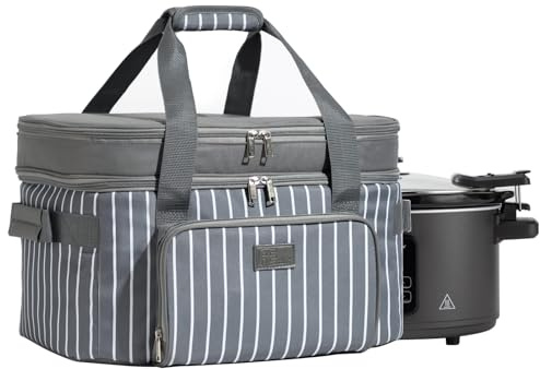 Fun Elements Double Layer Slow Cooker Carrier Bag for 6-8 Quart Oval CrockPot, Insulated Crock Pot Travel Bag with Support Pad and Adjustable Straps, Top Zip Compartment and Front Pocket for Utensils