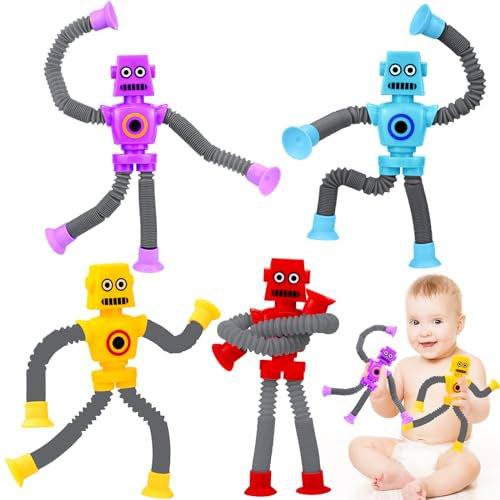 SIMDAO Telescopic Suction Cup Robot Toy, 4 Pieces Novel Kids Suction Cup Toys, Funny Fidget Toys, Pop Tubes Sensory Toy for Kids, Decompress Educational Sensory Toy for Kids & Adult
