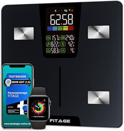FITAGE Personenwaage digital Testsieger 2025, Körperwaage bis 225kg, Körperfettwaage mit 17 Körpermesswerten, Körperanalyse mit App, Waage mit Körperfett und Muskelmasse mit großem LED-Display