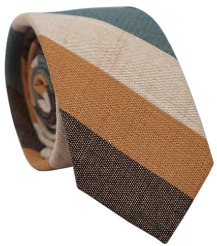BELLUNO 2.5 inch Skinny Cotton Tie for Men, Slim Brown and Green Striped Necktie