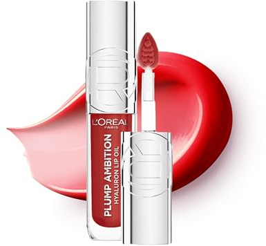 L'Oreal Paris Lip Gloss, Plump Ambition Lip Oil with Hyaluronic Acid & Tripeptides, Smoother & Plumper Lip Appearance, Glass-Like Finish, Shade 390 Cherry Cherie, 5ml