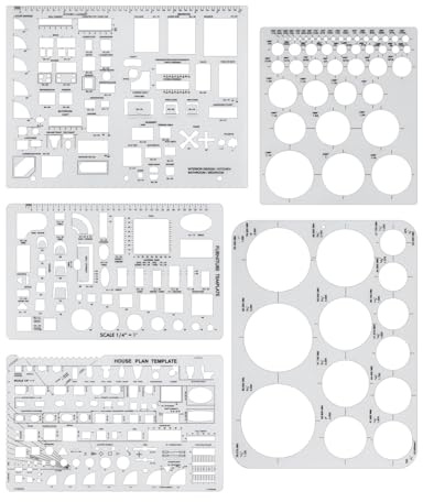 GAUENEEN 5 Pcs Architectural Templates: Circle, House Plan, Interior Design & Furniture Templates, Drafting Tools & Ruler Shapes for Architecture