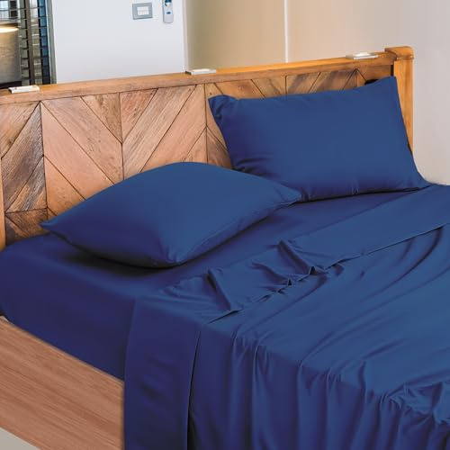 NARCISO - Lenzuola Matrimoniali 100% Cotone Made in Italy, Completo Letto Matrimoniale Composto da 1 Lenzuolo Sotto con Angoli 180x200, 1 Lenzuolo Sopra 240x290, 2 Federe Cuscini 50x80cm (Blu)