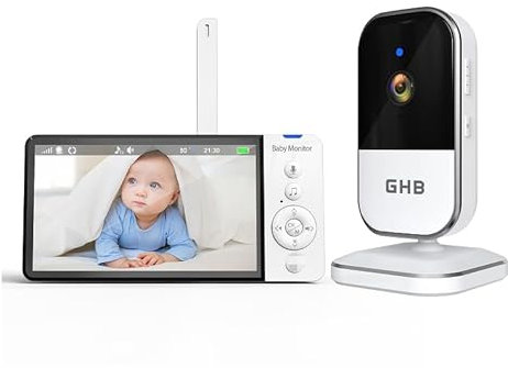 GHB Babyphone mit Kamera 5 Zoll HD IPS Bildschirm 720P 5000 mAh VOX-Energiesparmodus 4-Fach-Zoom Nachtsicht Zwei-Wege-Audio Temperatursensor