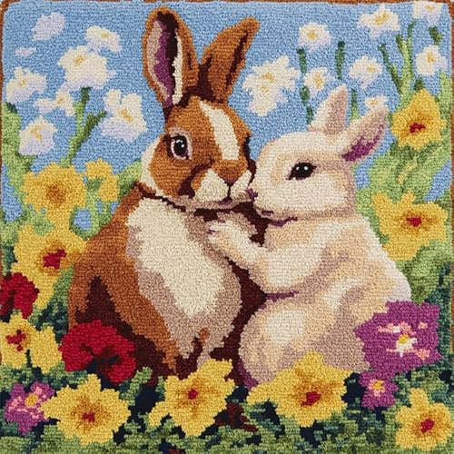 XDEGHUANGSS Kits de cojín de ganchillo para adultos, funda de almohada bordada, kits de costura DIY para funda de cojín y alfombra, kit de artesanía DIY para mujeres, 43 x 43 cm, dos conejos