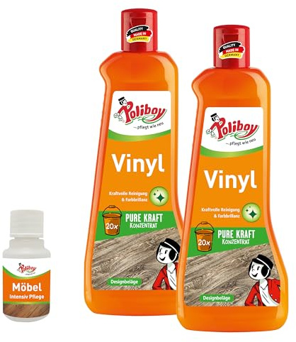POLIBOY Vinyl Reiniger - Bodenreiniger für Vinylboden & Designboden - Wischpflege als Reinigungskonzentrat mit pflegendem Jojobaöl - 2x 500 ml - inkl. Produktprobe - Made in Germany