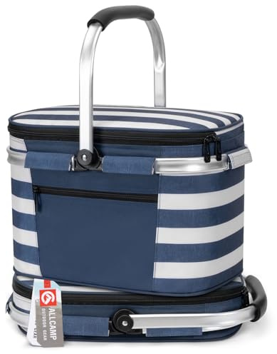 ALLCAMP Borsa termica pieghevole isolata - Cestino per la spesa termico con coperchio, cestino da picnic rimovibile per 2 persone, telaio in alluminio, cestino frigo ispessito blu